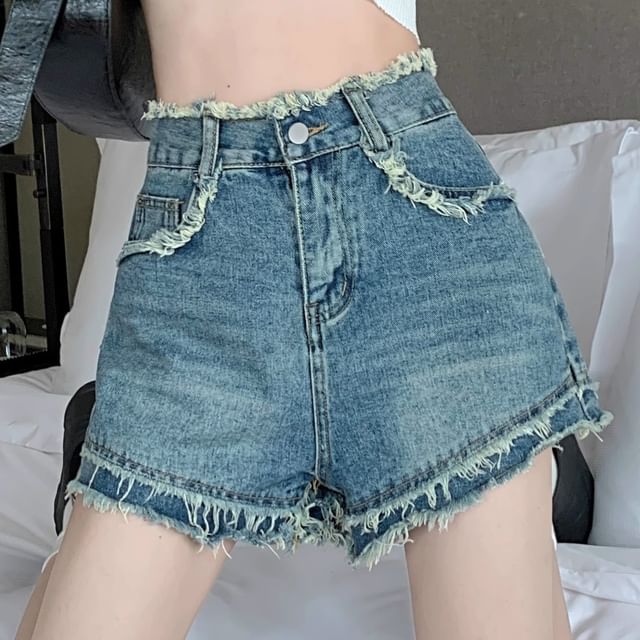 High Fray Washed Denim Waist Shorts