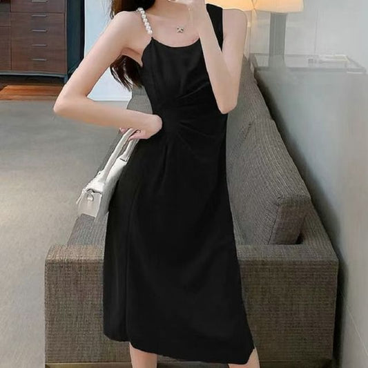 A-Line Plain Faux Dress Midi Ruched Strap Slit Pearl Sleeveless