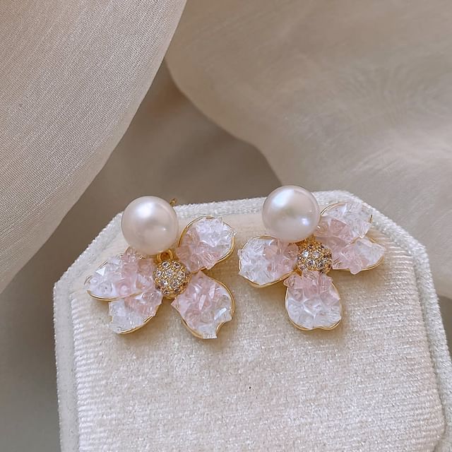 Floral Faux Crystal Faux Pearl Alloy Drop Earring