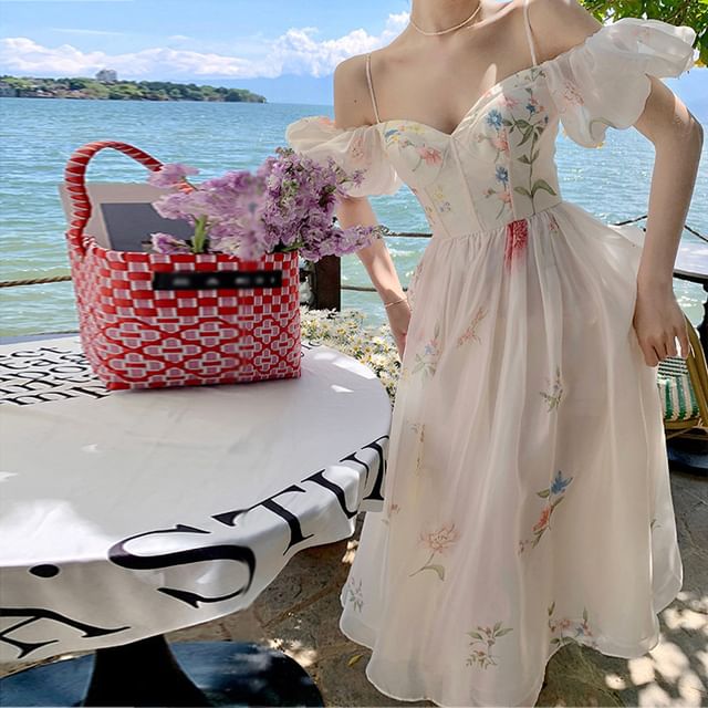 Dress Floral Midi Cold-Shoulder A-Line Puff-Sleeve