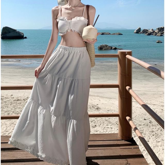 High Top Plain Set: Waist Cropped Maxi Ruffle A-Line Cami + Skirt