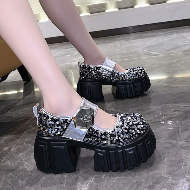 Platform Mary Jane Shoes Sequined