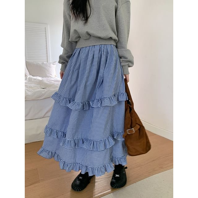 High Waist Plaid Maxi Tiered Skirt