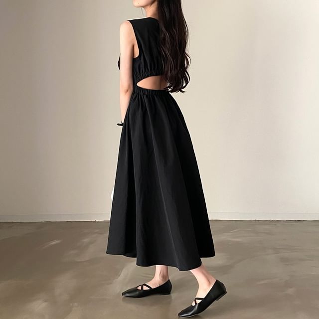 Sleeveless Plain Open Back Maxi A-Line Dress