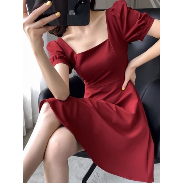 Puff Sleeve Square Neck Plain Mini A-Line Dress