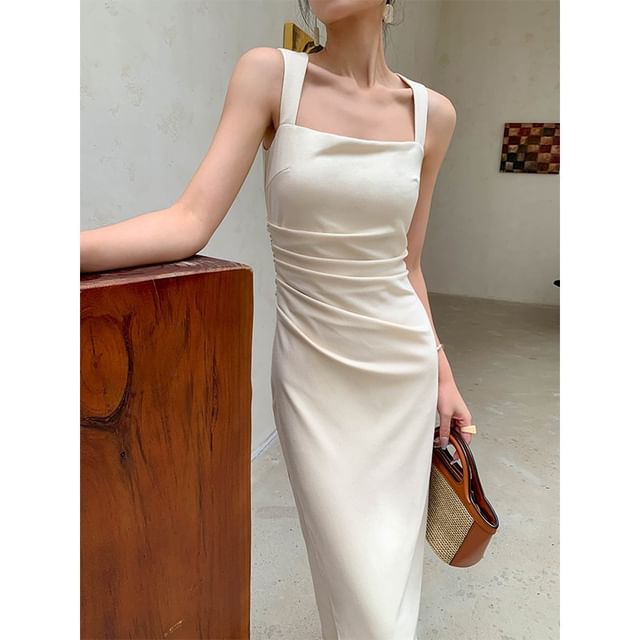 Sleeveless Sheath Dress Square Neck Midi Ruched Plain