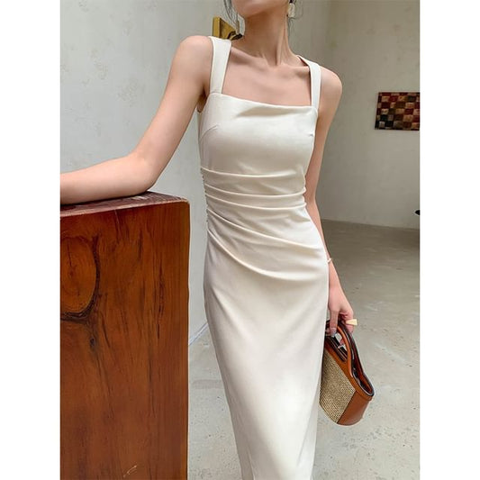 Dress Square Neck Sheath Midi Plain Sleeveless Ruched