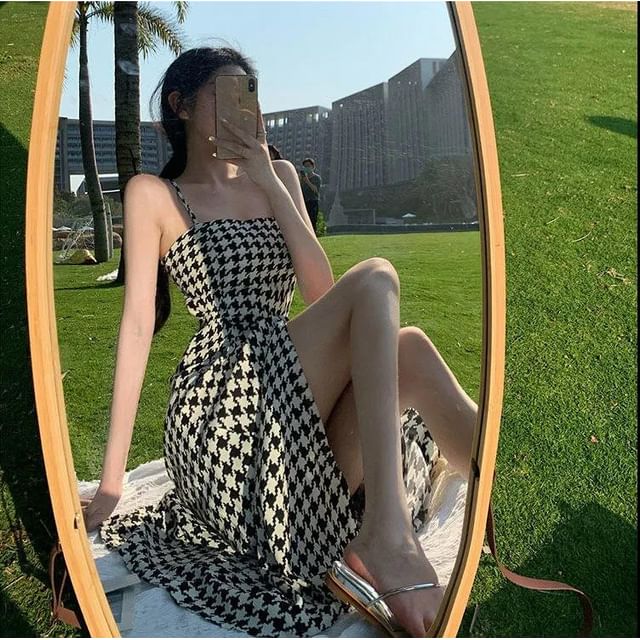 Dress Houndstooth Slit Spaghetti Maxi Strap A-Line