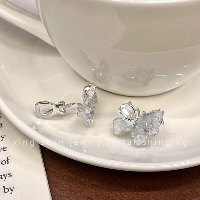 Earring Crystal Ear Stud Clip-On Butterfly Faux Rhinestone /