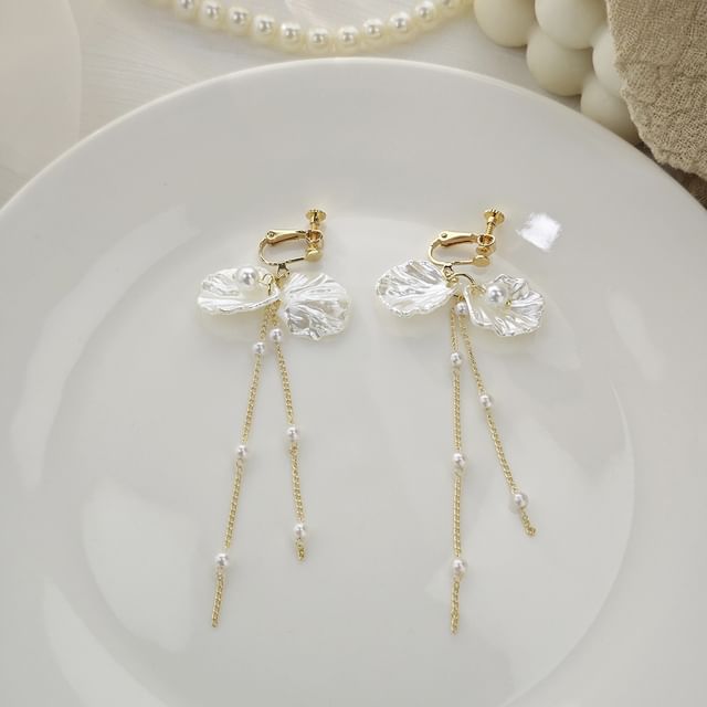 Faux Pearl Shell Drop Earring / Clip On Earring