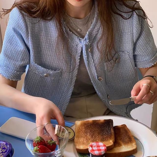 Short-Sleeve Button-Up Tweed Jacket