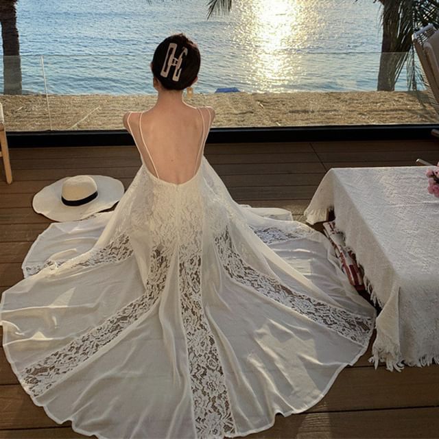 Lace Open Sundress Maxi Strap Spaghetti Back Panel Plain