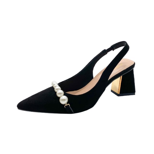 Pointed Block Slingback Beaded Sandals Heel