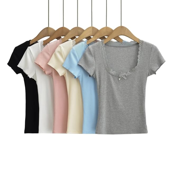 Square-Neck Lace-Trim Fitted Crop Top