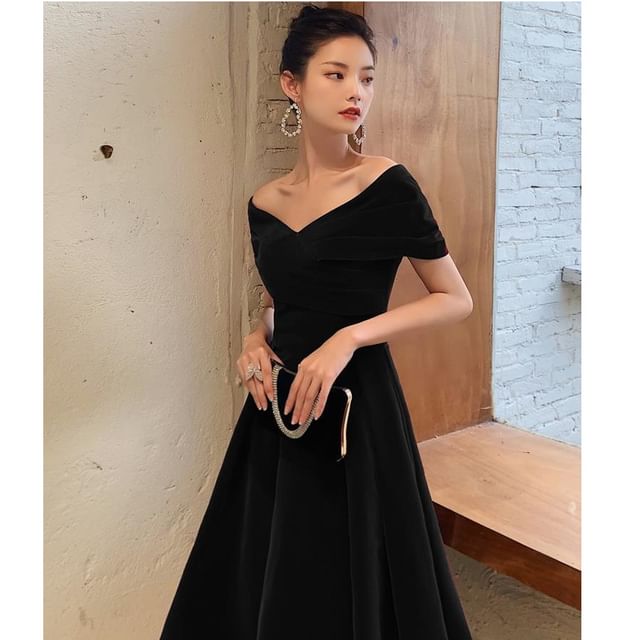 Shoulder Plain Gown Short-Sleeve Evening Dress Ruched A-Line Cocktail / Off