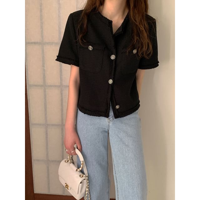 Short-Sleeve Crew Neck Plain Tweed Button-Up Crop Jacket
