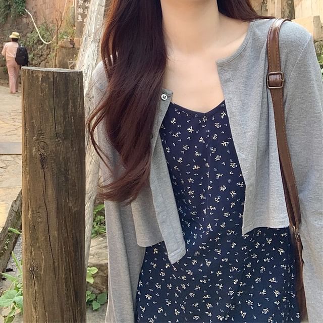 Dress / Mini Melange Floral Spaghetti Crop Strap A-Line Cardigan