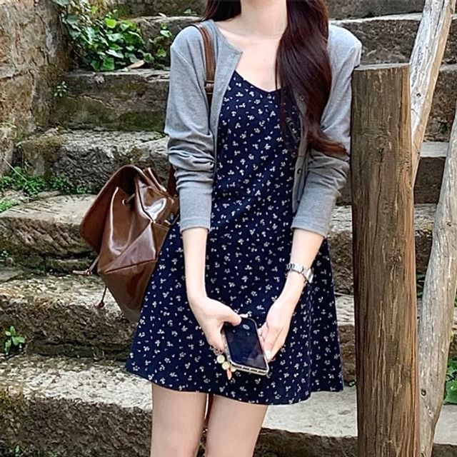 Dress / Mini Melange Floral Spaghetti Crop Strap A-Line Cardigan