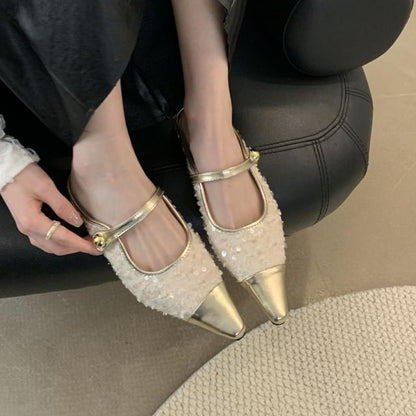 Pointed Toe Sequin Low Heel Mary Jane Mules