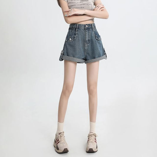 High Waist Roll Up Hem Denim Shorts