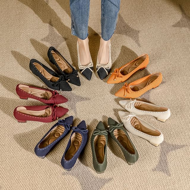 Heel Pumps Bow Pointed Fabric Block