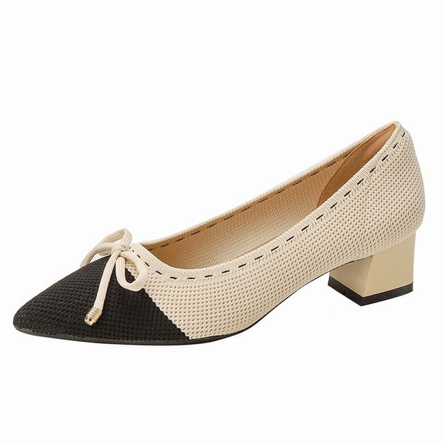 Bow Fabric Pointed Block Heel Pumps