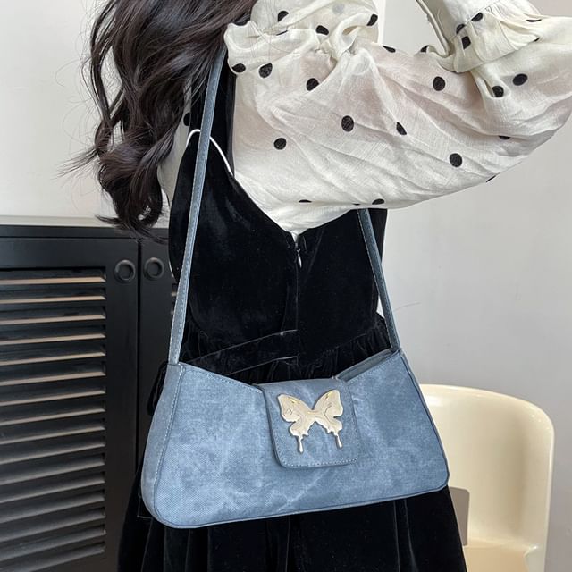 Butterfly Accent Faux Leather Shoulder Bag