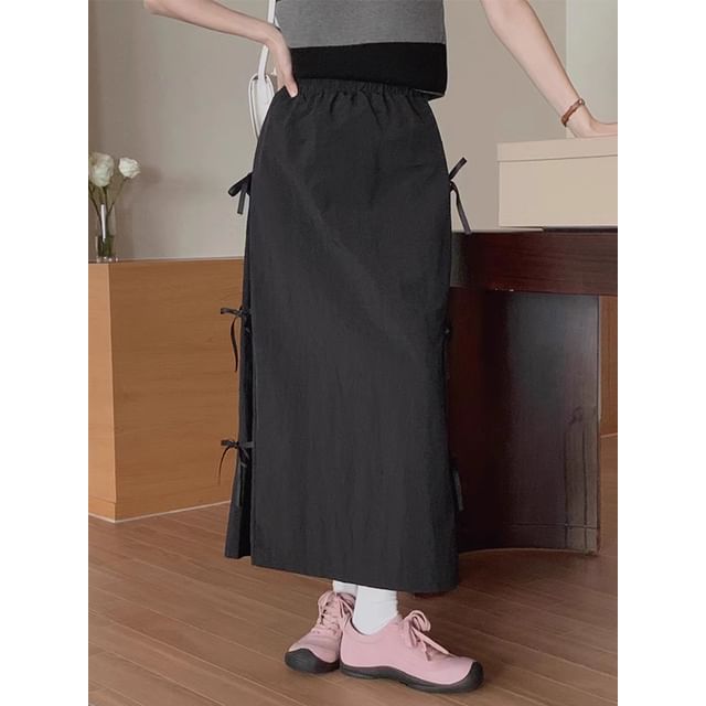 Mid Waist Plain Bow Midi A-Line Skirt