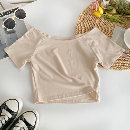 Short-Sleeve Off Shoulder Plain T-Shirt