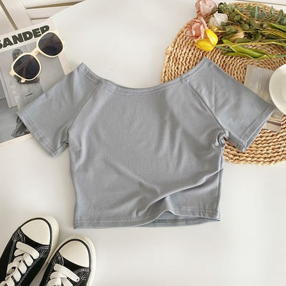 Short-Sleeve Off Shoulder Plain T-Shirt