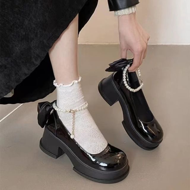 Bow Jane Pumps Mary Plain Block Heel