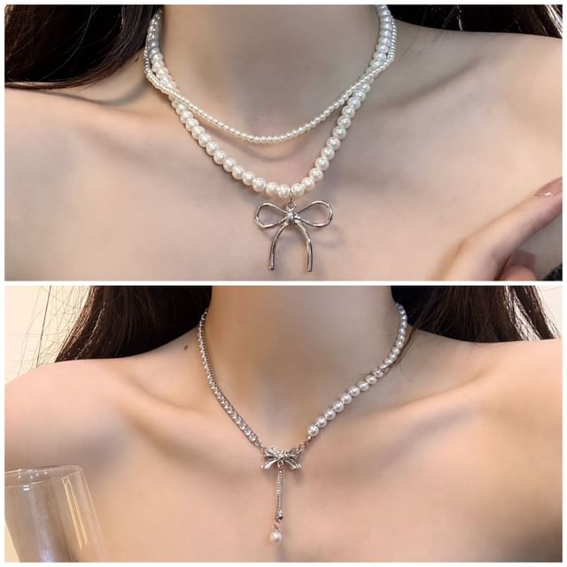 Bow Pendant Faux Pearl Necklace