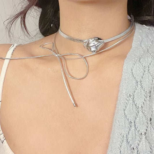 Layered Floral Bow Leather Choker Faux