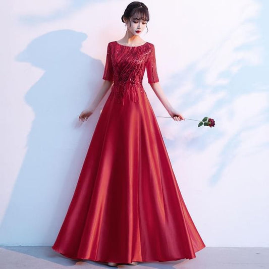 A-Line Short-Sleeve Gown Sequin Evening