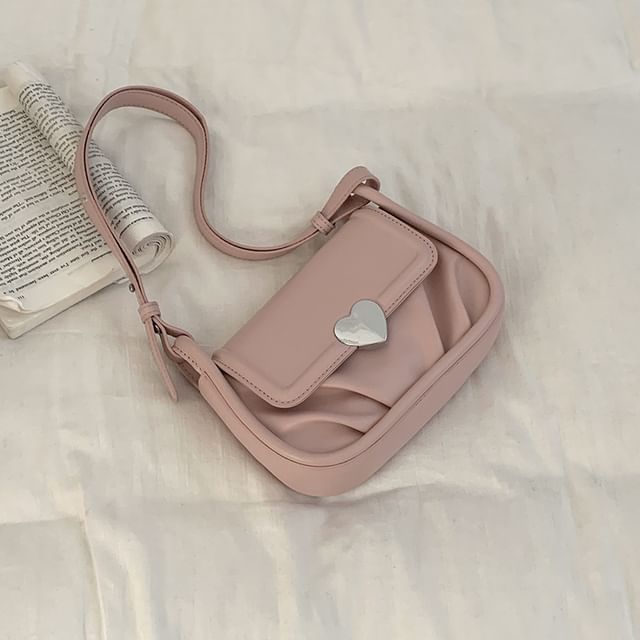 Faux Leather Heart Buckled Flap Crossbody Bag