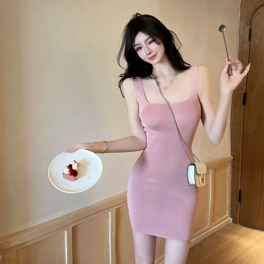 Plain Dress Sleeveless Neck Mini Square Knit Sheath