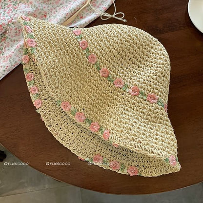 Floral Embroidered Straw Sun Hat