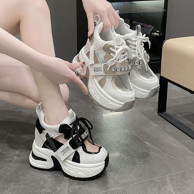 Sneakers Cutout Wedge Panel Hidden Platform Rhinestone