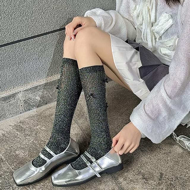 Bow Glitter Ribbed Knee High Socks