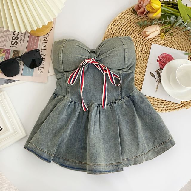 Bow Peplum Washed Denim Tube Top