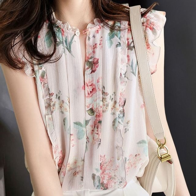 Cap-Sleeve Notch Neck Frill Trim Floral Pleated Blouse