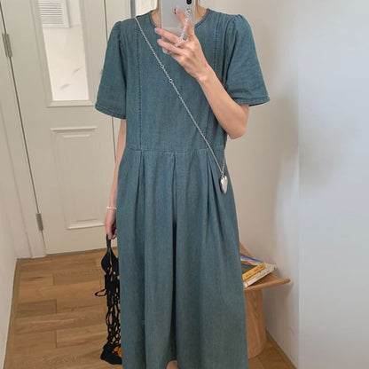 Short-Sleeve Round Neck Washed Denim Midi A-Line Dress