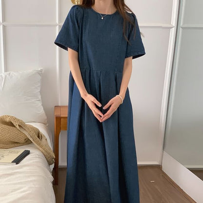 Short-Sleeve Round Neck Washed Denim Midi A-Line Dress