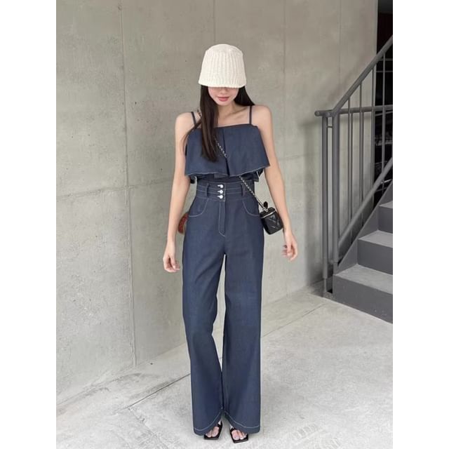 Short-Sleeve Cold-Shoulder Ruffle Trim Blouse / High Rise Wide Leg Pants