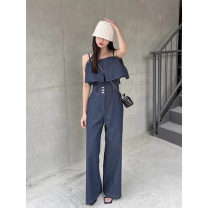 Short-Sleeve Cold-Shoulder Ruffle Trim Blouse / High Rise Wide Leg Pants