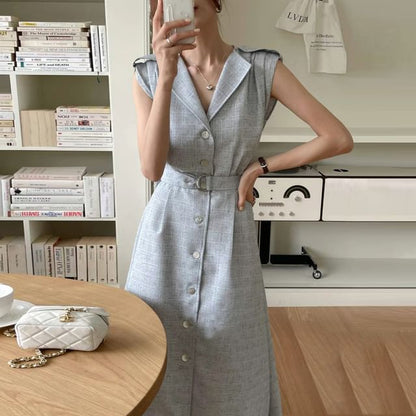 Cap-Sleeve Lapel Collar Button Midi A-Line Dress