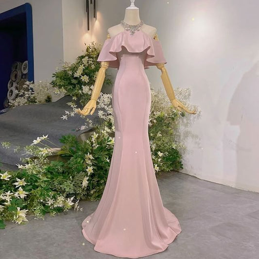 Short-Sleeve Mermaid Accent Plain Cold Evening Gown Neck Halter Shoulder Rhinestone