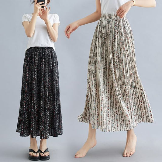 Elastic Waist Floral Print Accordion Pleated Maxi A-Line Skirt