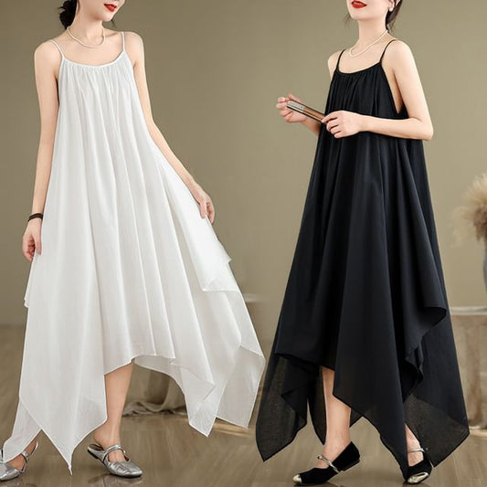 Spaghetti Strap Plain Asymmetrical A-Line Dress