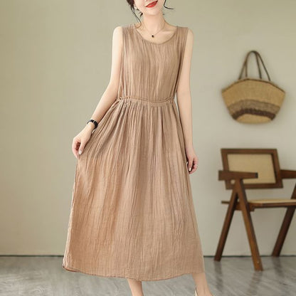 Sleeveless Round Neck Plain Drawstring Waist Maxi A-Line Dress